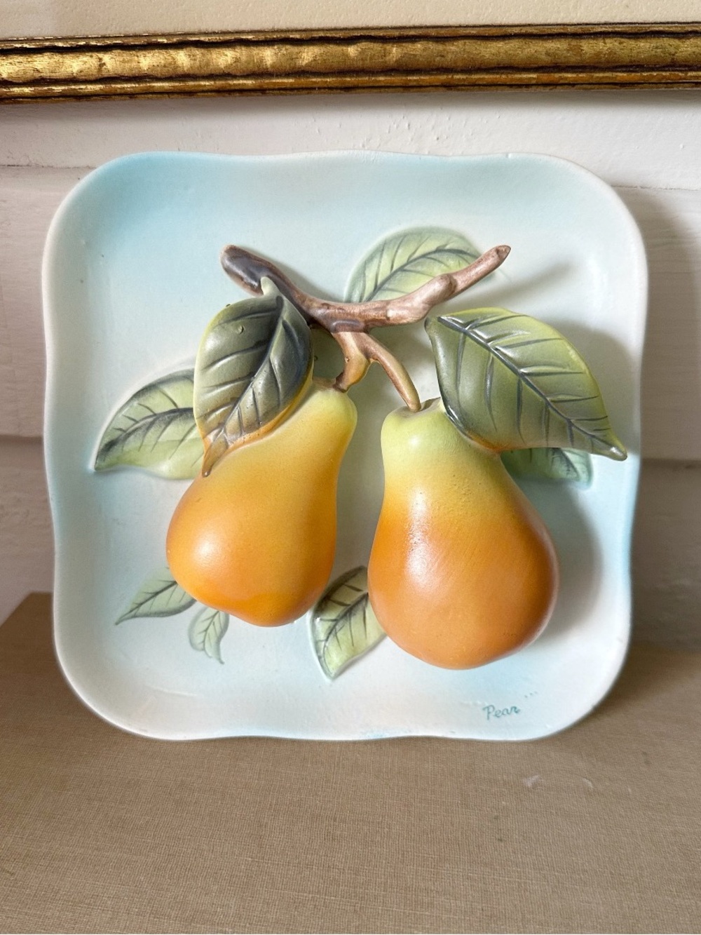 Vintage Napco Porcelain Wall Plaque With Hanging Pears 3-Dimensional Scene